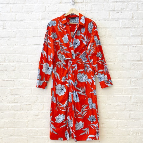 Zara Dresses Zara Floral Printed Button Down Shirt Dress Knot Red